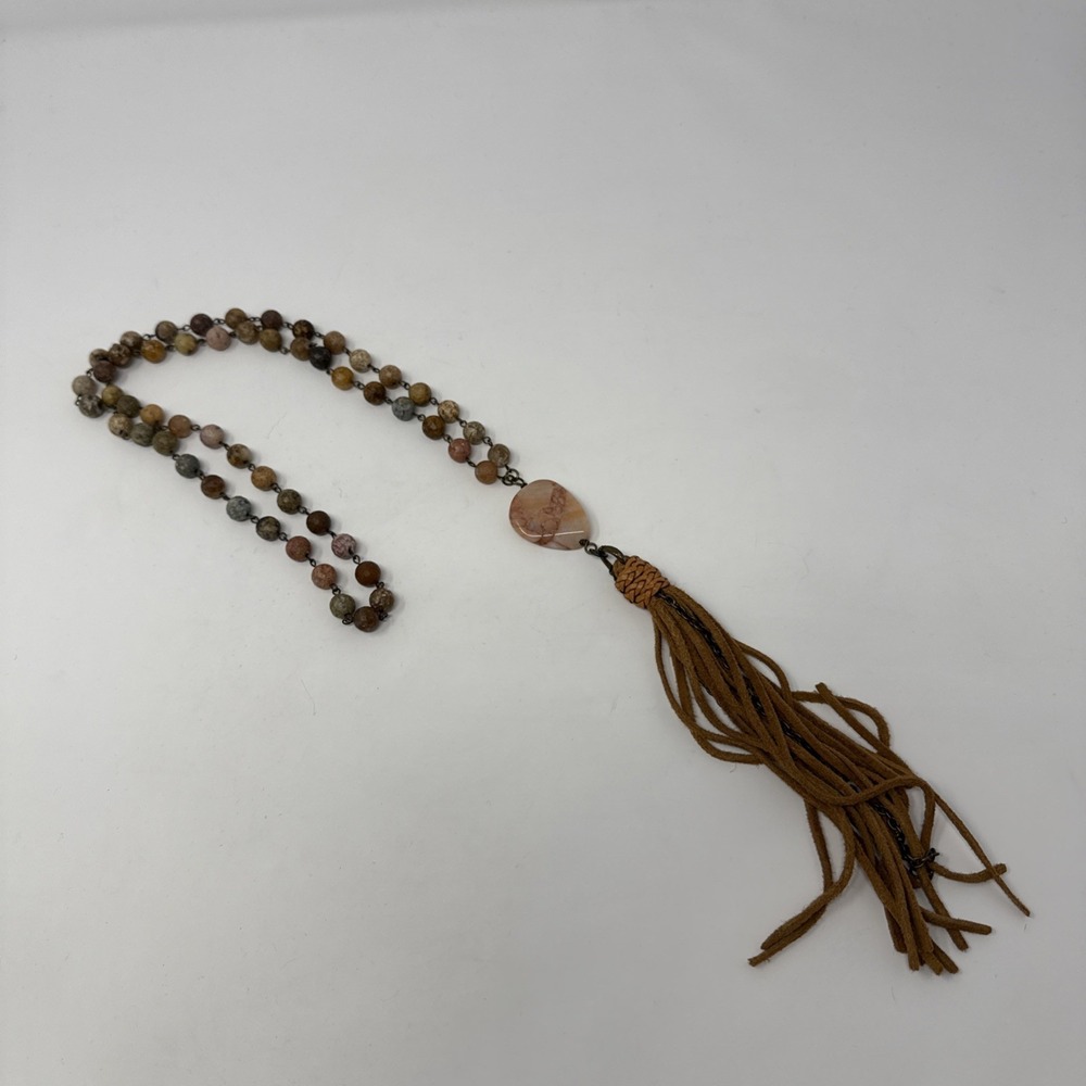 Chunky‎ Faceted Jasper Agate Pendant Tassel Beaded 27" Necklace Boho Indie